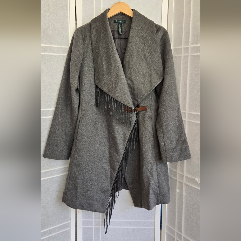 NWOT ! Lauren Ralph Lauren Charcoal Light Coat with Fringe